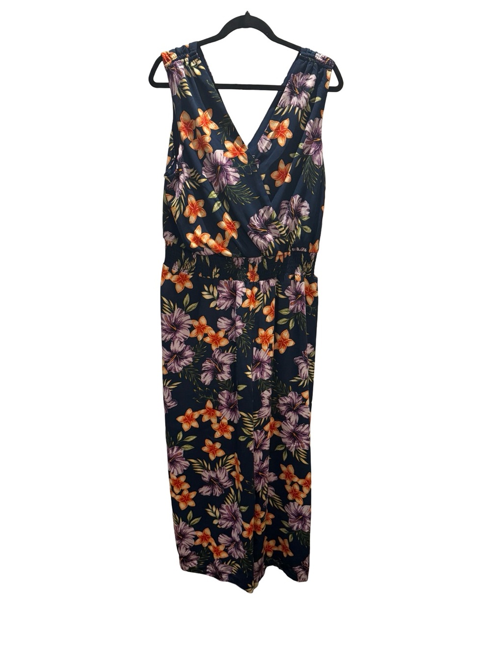 Alyx XL Tropical Floral Jumpsuit Pockets Navy Hibiscus Print Smocked Waist